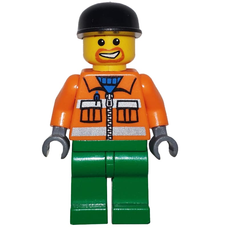 Worker, Orange Jacket with Zipper and Reflective Stripes, Green Legs, Black Cap, Goatee Beard (FIG-009406)